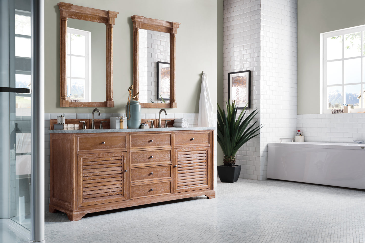 Savannah 72" Double Vanity, Driftwood w/ 3 CM Carrara Marble Top