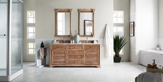 Savannah 72" Double Vanity, Driftwood w/ 3 CM Carrara Marble Top