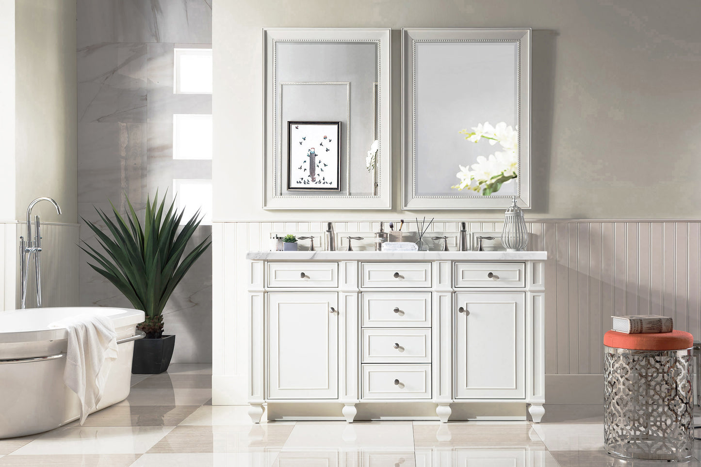 Bristol 60" Double Vanity, Bright White w/ 3 CM Carrara Marble Top