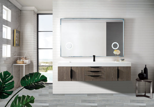 Mercer Island 72" Single Vanity, Ash Gray, Matte Black w/ Glossy White Composite Stone Top