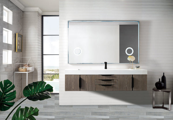 Mercer Island 72 Single Vanity, Ash Gray, Matte Black w/ Glossy White Composite Stone Top