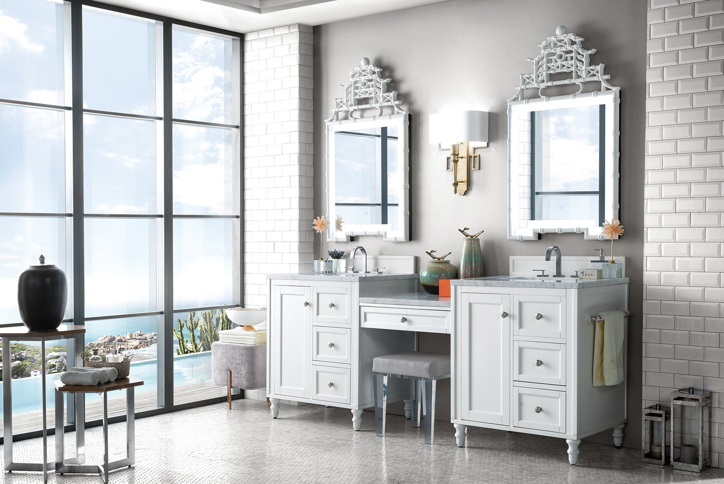 Copper Cove Encore 86" Double Vanity Set, Bright White w/ 3 CM Carrara Marble Top