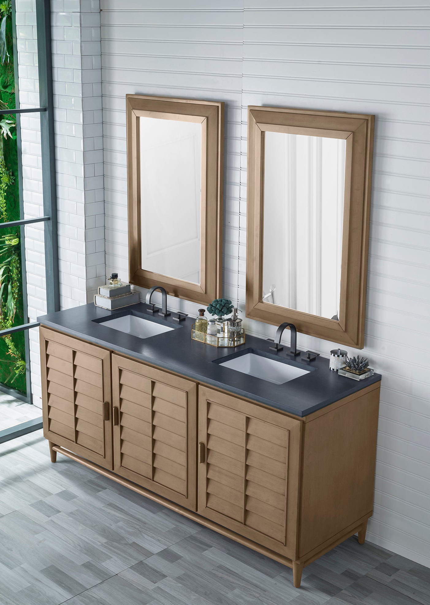 Portland 72" Double Vanity Whitewashed Walnut w/ 3 CM Charcoal Soapstone Quartz Top