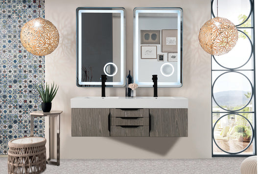 Mercer Island 59" Double Vanity, Ash Gray, Matte Black w/ Glossy White Composite Stone Top