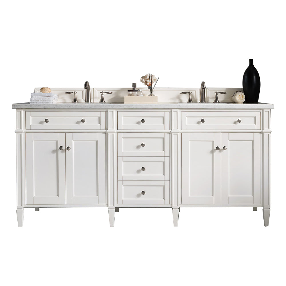 Brittany 72" Double Vanity, Bright White Vanity w/ 3 CM Arctic Fall Solid Surface Top