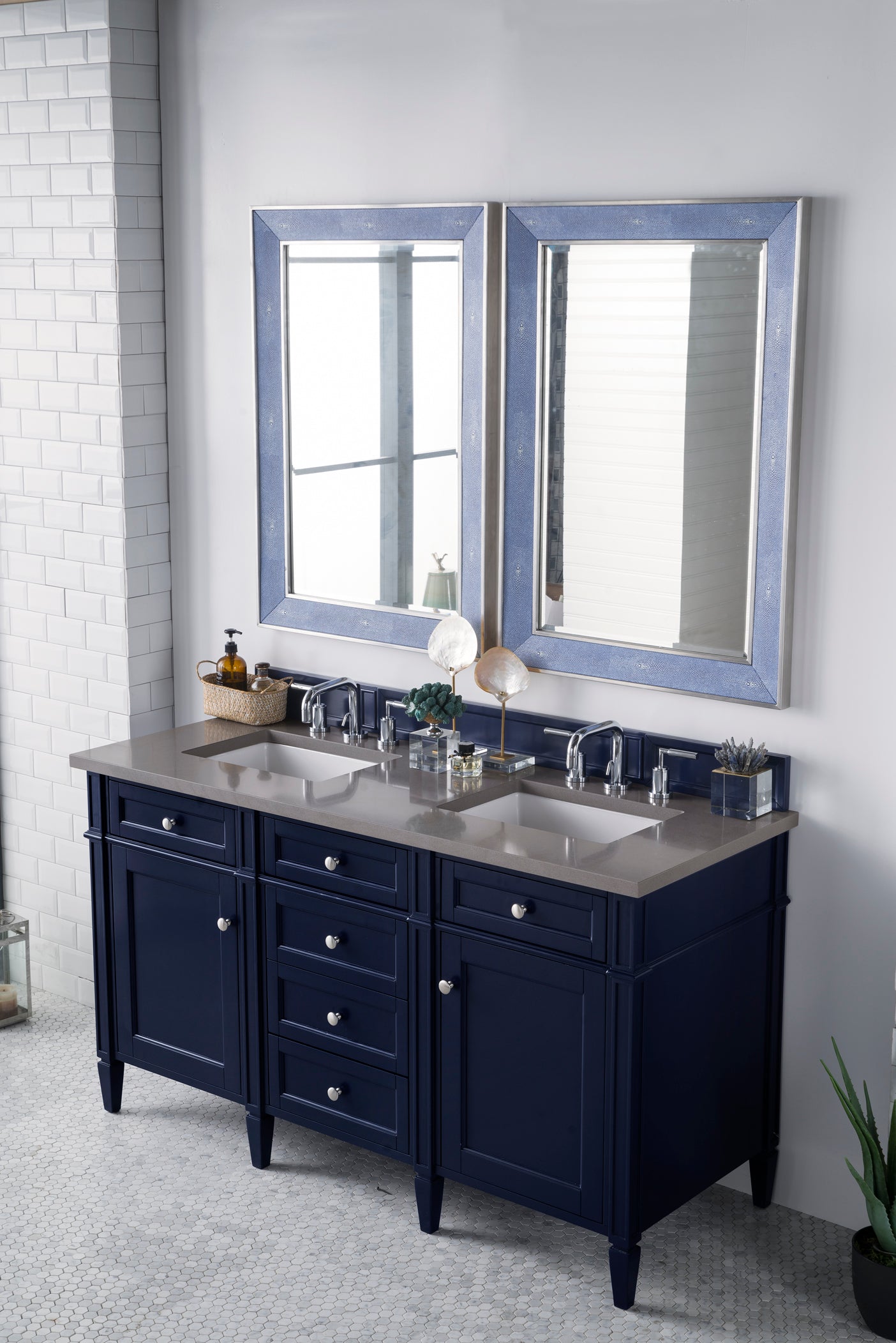 Brittany 60" Double Vanity, Victory Blue w/ 3 CM Grey Expo Quartz Top