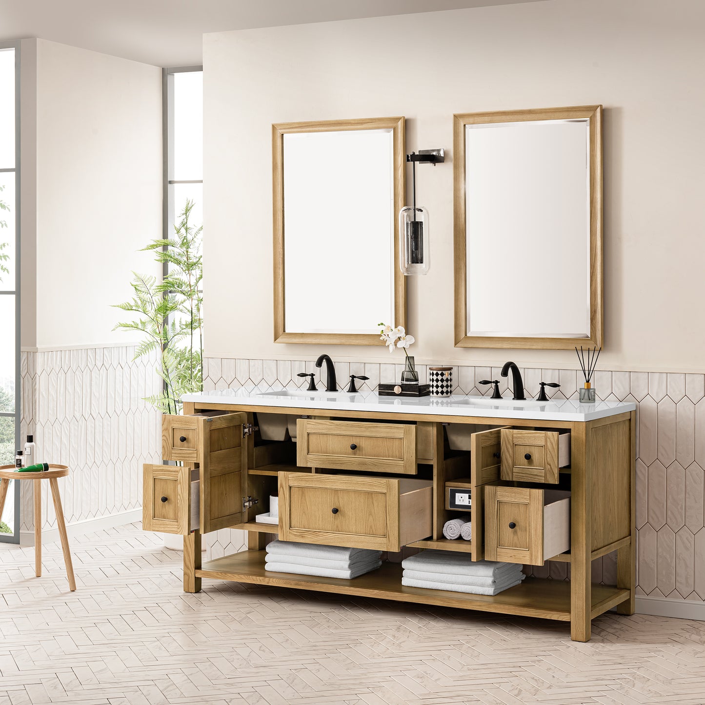 Breckenridge 72" Double Vanity, Light Natural Oak w/ 3 CM White Zeus Top