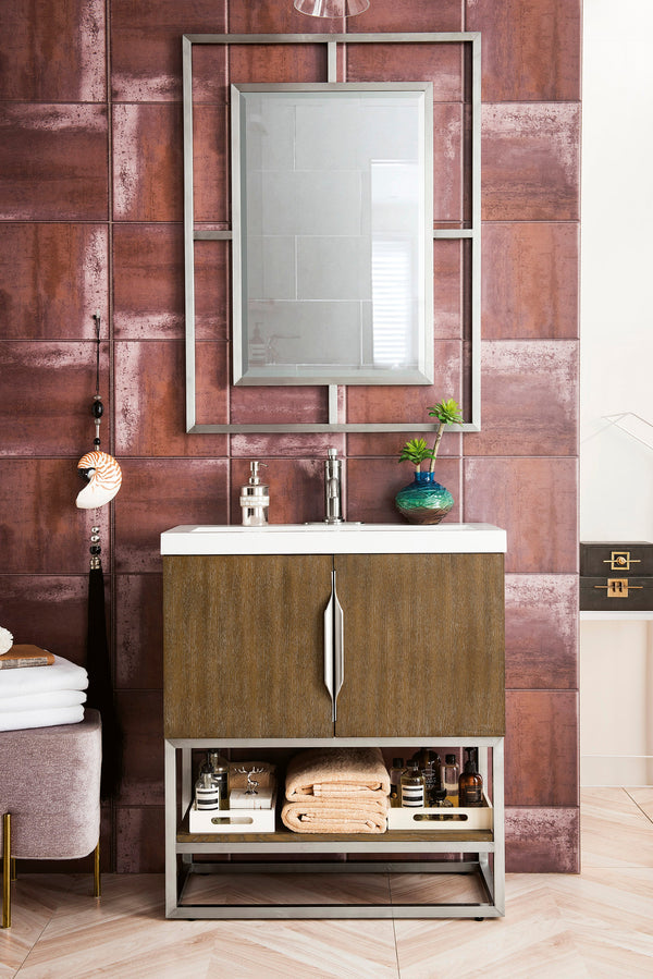 Columbia 31.5 Single Vanity, Latte Oak, Brushed Nickel, w/ White Glossy Composite Stone Top