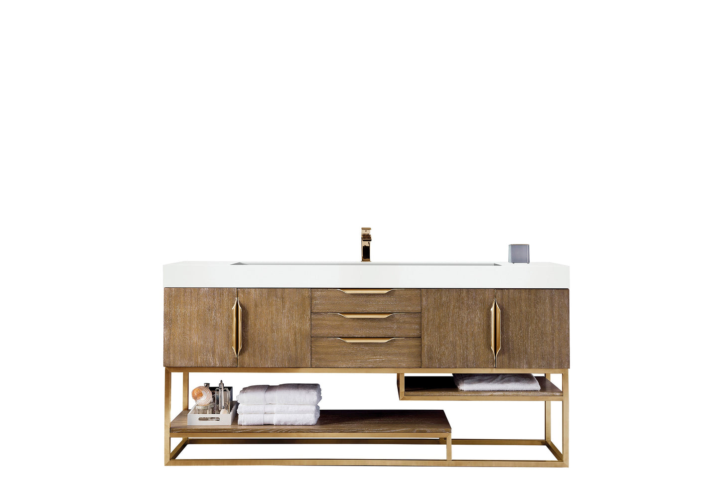 Columbia 72" Single Vanity, Latte Oak, Radiant Gold w/ Glossy White Composite Stone Top