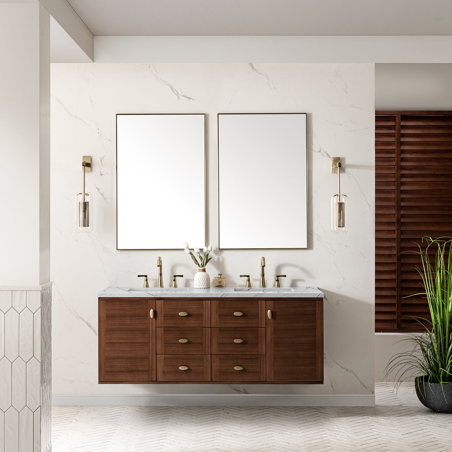 Amberly 60" Double Vanity, Mid-Century Walnut w/ 3 CM Ethereal Noctis Top