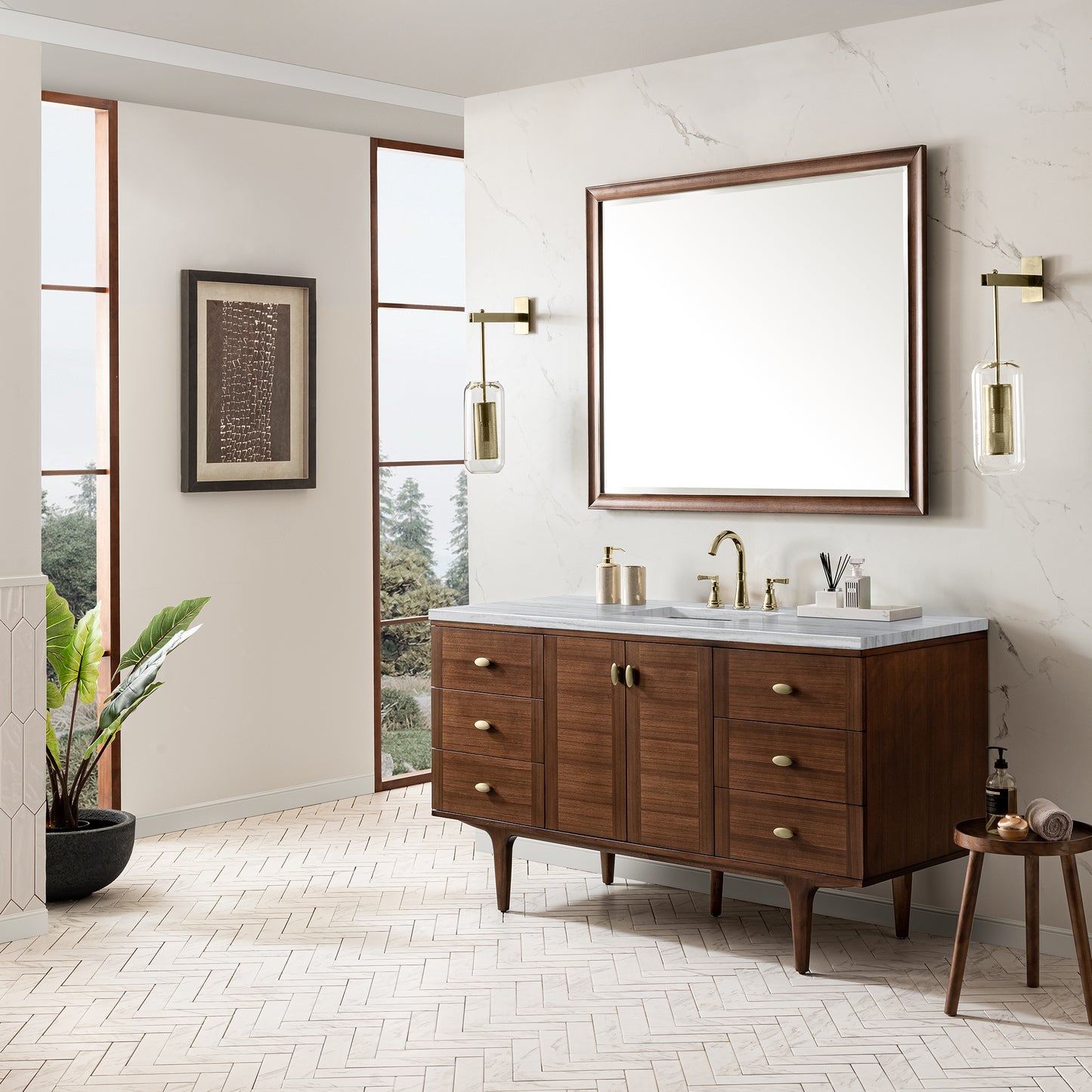 Amberly 60" Single Vanity, Mid-Century Walnut w/ 3 CM Arctic Fall Top