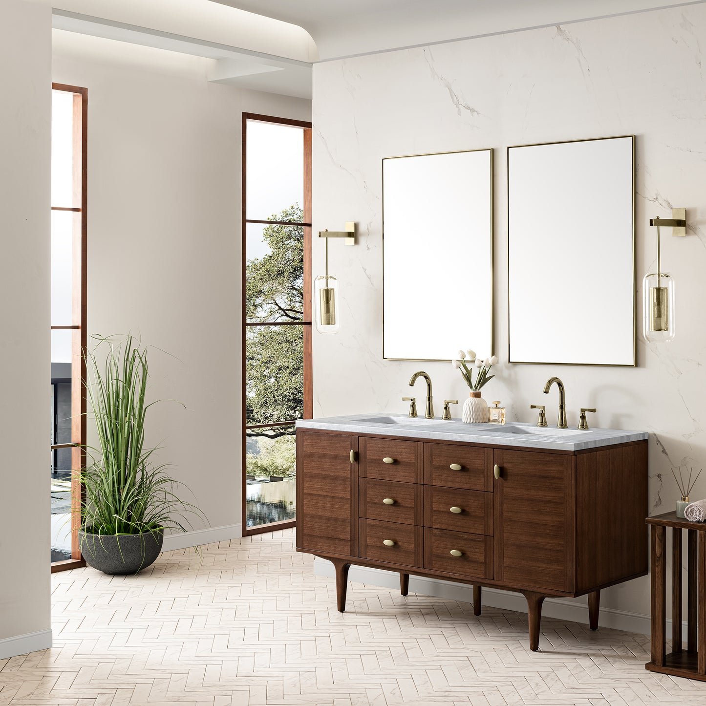 Amberly 60" Double Vanity, Mid-Century Walnut w/ 3 CM Arctic Fall Top