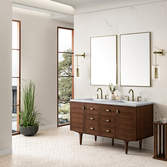 Amberly 60" Double Vanity, Mid-Century Walnut w/ 3 CM Arctic Fall Top