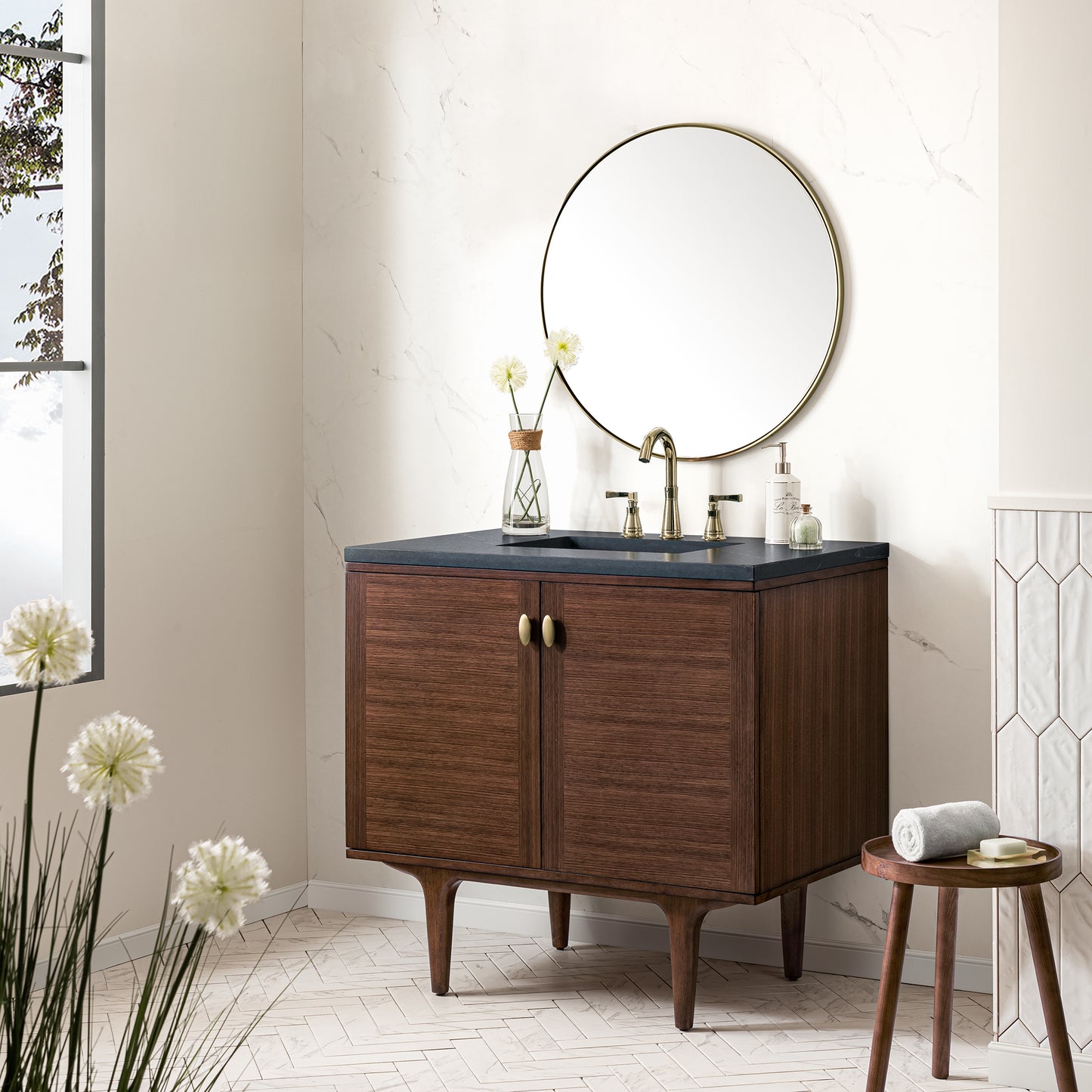 Amberly 36" Single Vanity, Mid-Century Walnut w/ 3 CM Charcoal Soapstone Top