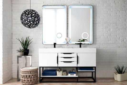 Columbia 59" Double Vanity, Glossy White, Matte Black w/ Glossy White Composite Stone Top