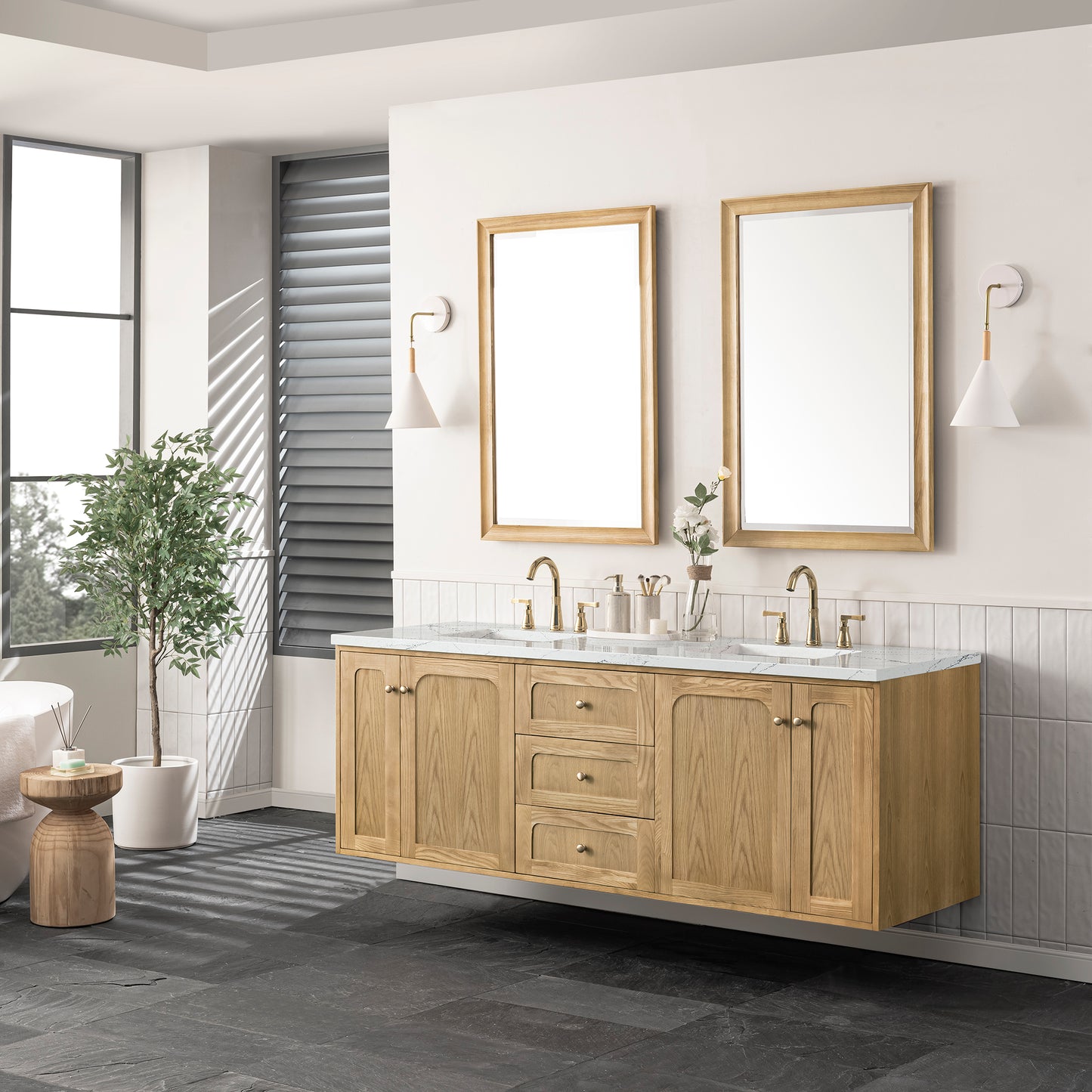 Laurent 72" Double Vanity, Light Natural Oak w/ 3 CM Ethereal Noctis Top