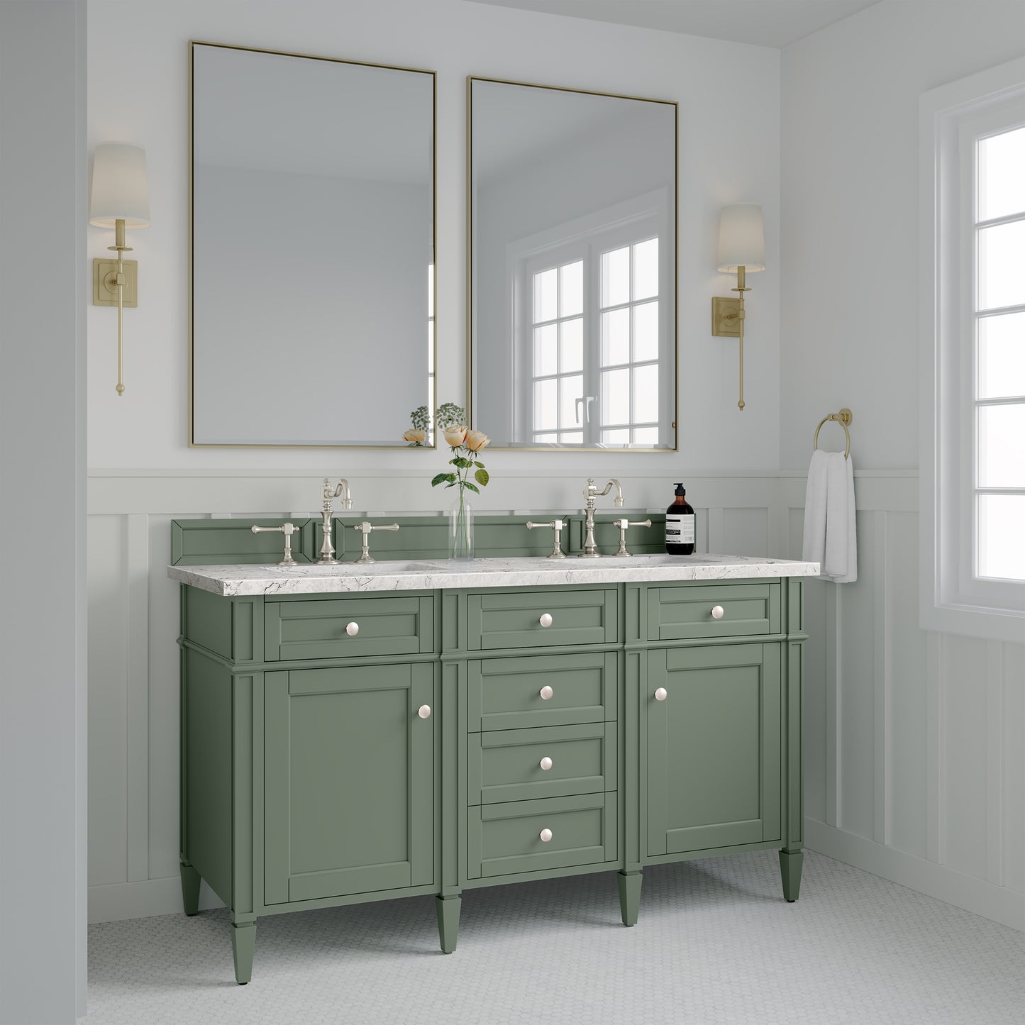 Brittany 60" Double Vanity, Smokey Celadon w/ 3 CM Eternal Jasmine Pearl Top