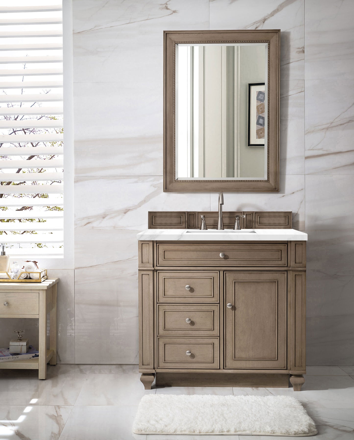 Bristol 36" Single Vanity, Whitewashed Walnut w/ 3 CM Carrara Marble Top