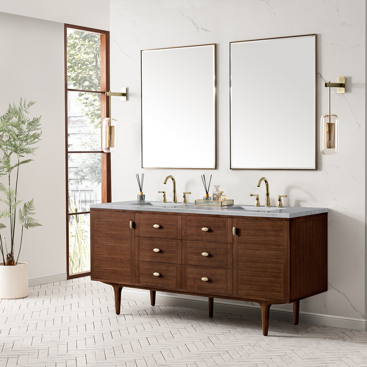 Amberly 72" Double Vanity, Mid-Century Walnut w/ 3 CM Arctic Fall Top