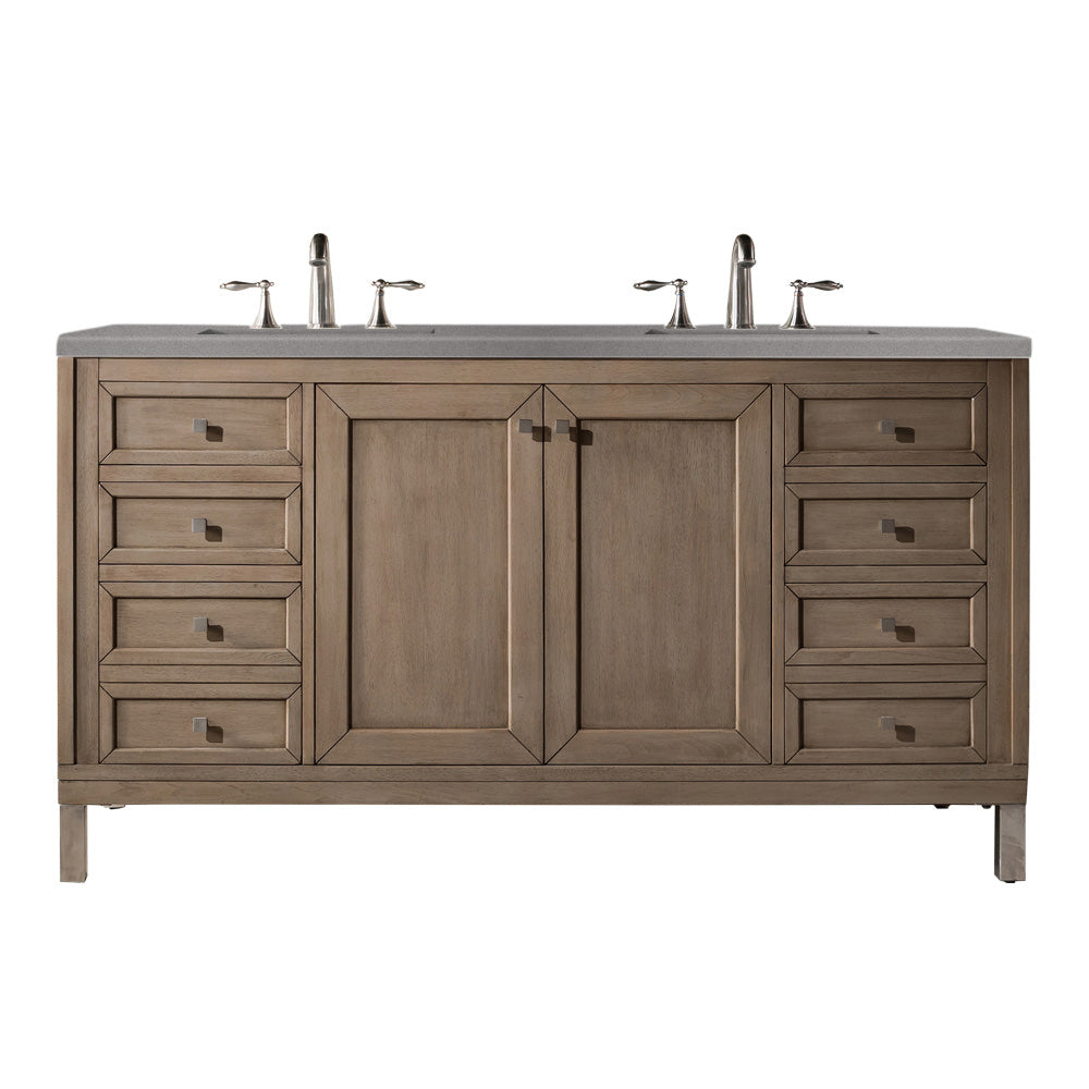 Chicago 60" Double Vanity, Whitewashed Walnut w/ 3 CM Grey Expo Quartz Top