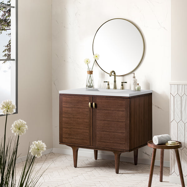 Amberly 36 Single Vanity, Mid-Century Walnut w/ 3 CM White Zeus Top