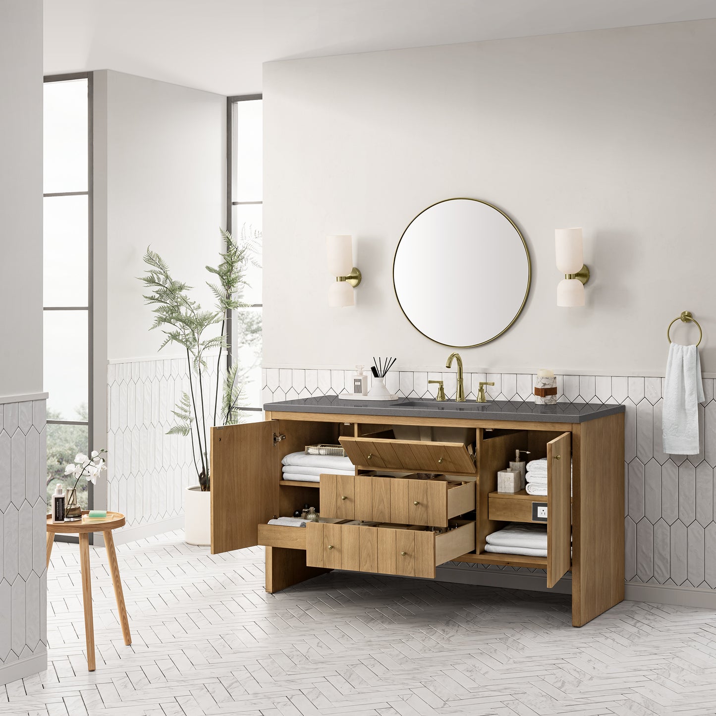 Hudson 60" Single Vanity, Light Natural Oak w/ 3 CM Grey Expo Top