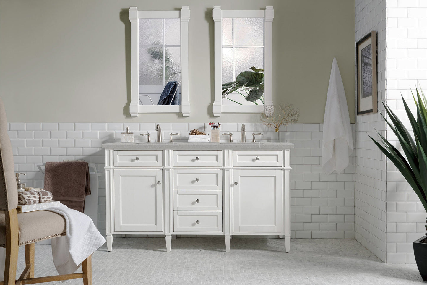 Brittany 60" Double Vanity, Bright White Vanity w/ 3 CM Eternal Serena Quartz Top