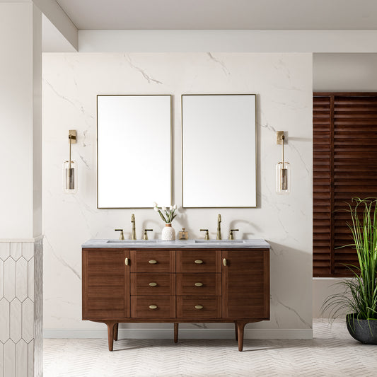 Amberly 60" Double Vanity, Mid-Century Walnut w/ 3 CM Arctic Fall Top