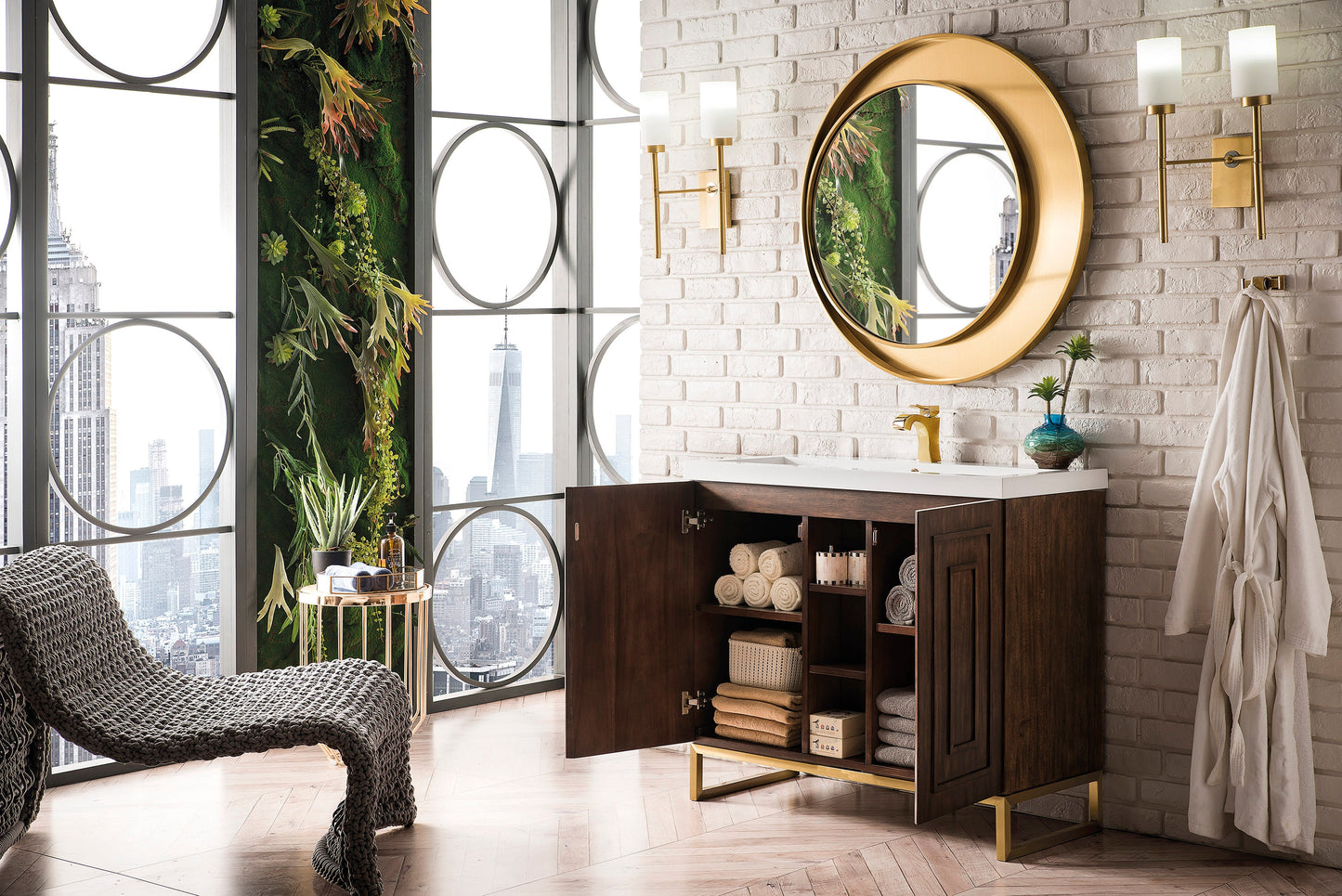 Alicante 39.5" Single Vanity, Mid-Century Acacia, Radiant Gold w/ White Glossy Composite Stone Top