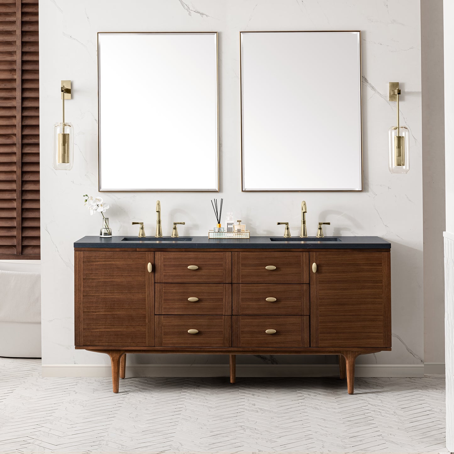 Amberly 72" Double Vanity, Mid-Century Walnut w/ 3 CM Charcoal Soapstone Top