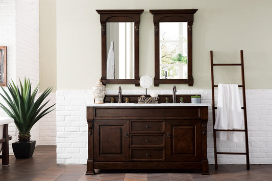 Brookfield 60" Double Vanity, Burnished Mahogany w/ 3 CM Carrara Marble Top