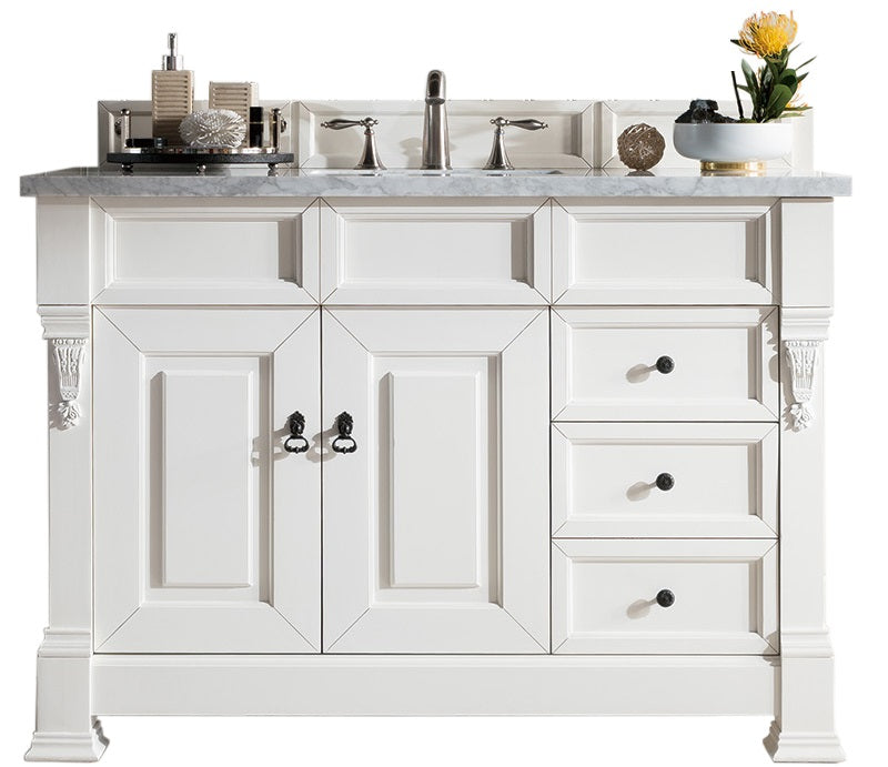 Brookfield 48" Single Vanity, Bright White w/ 3 CM Carrara Marble Top