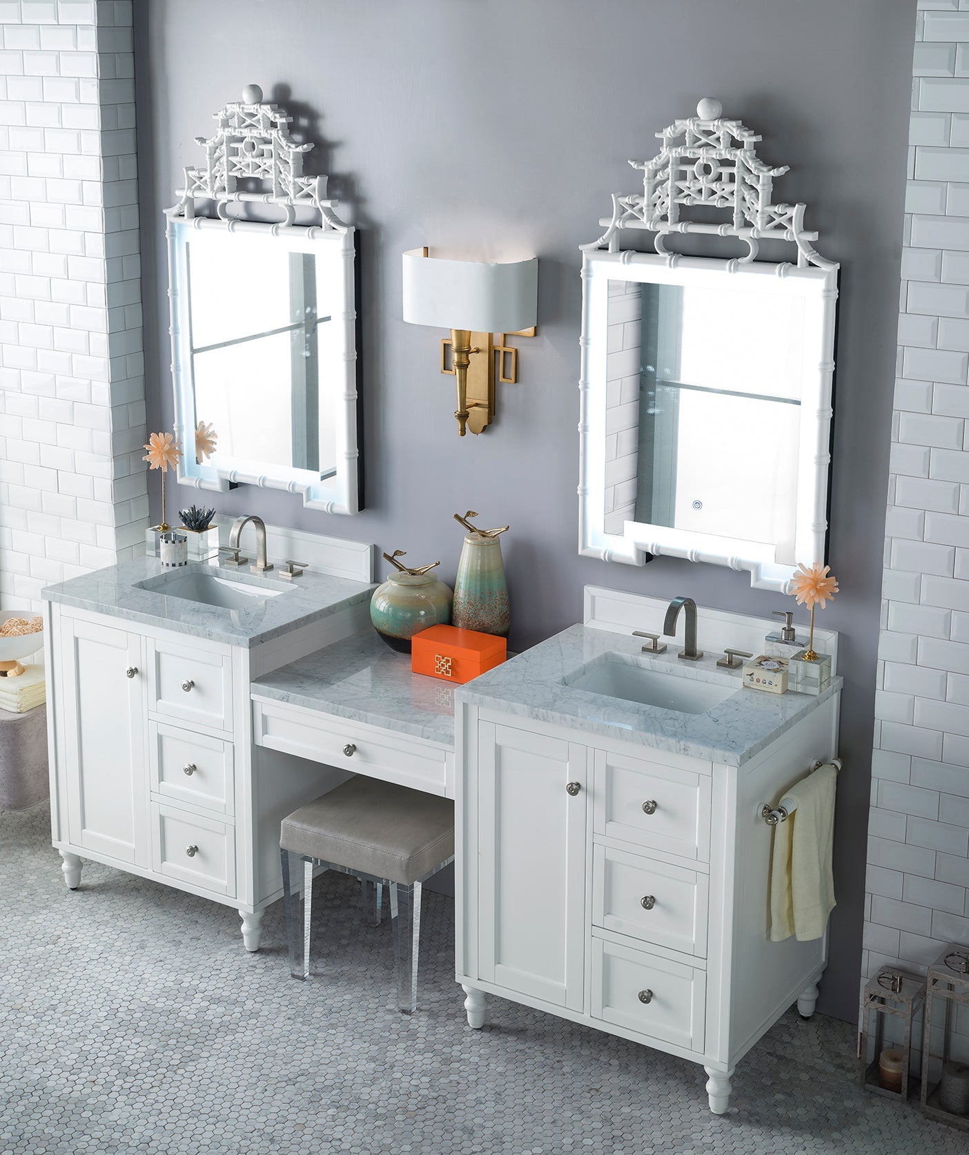 Copper Cove Encore 86" Double Vanity Set, Bright White w/ 3 CM Carrara Marble Top