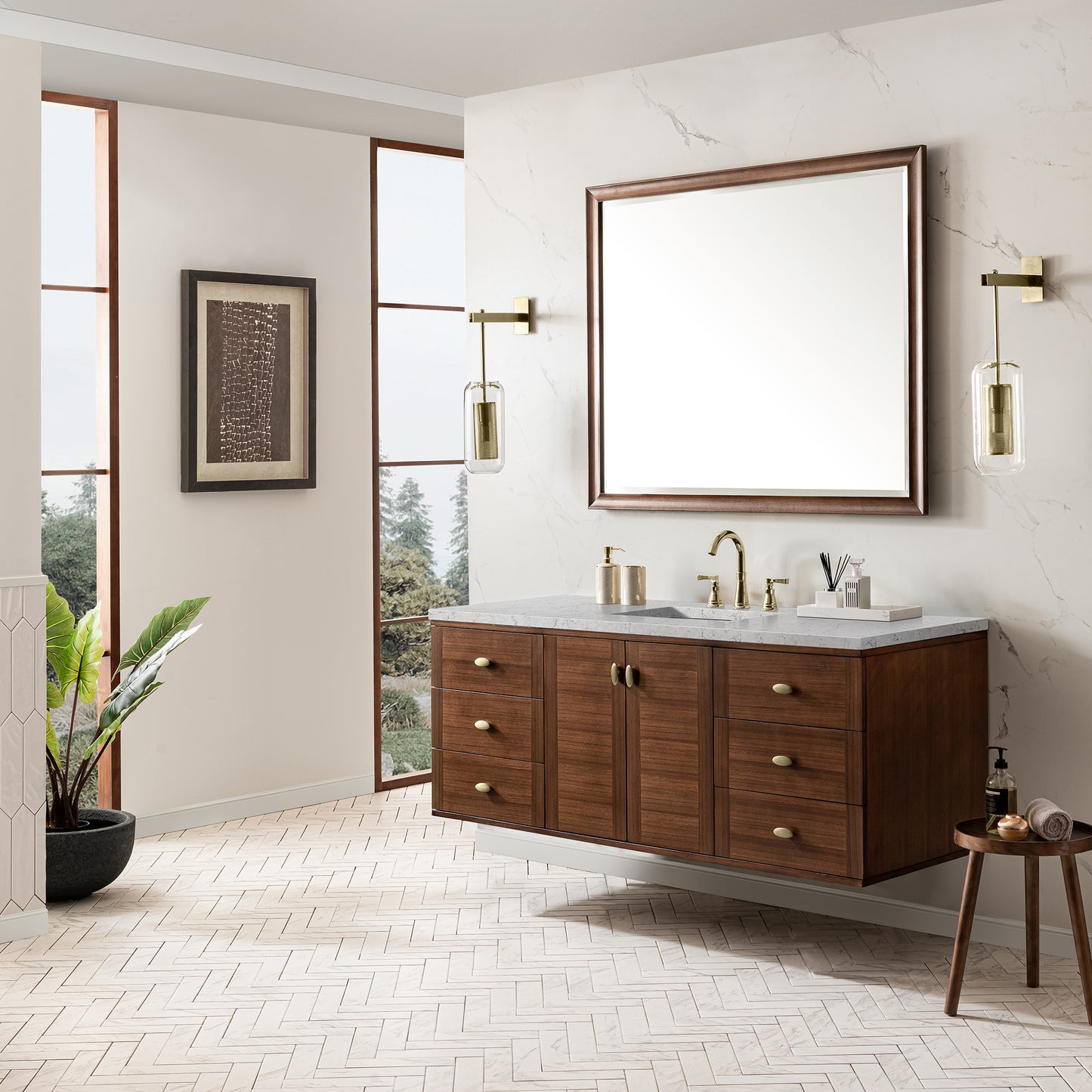 Amberly 60" Single Vanity, Mid-Century Walnut w/ 3 CM Eternal Jasmine Pearl Top