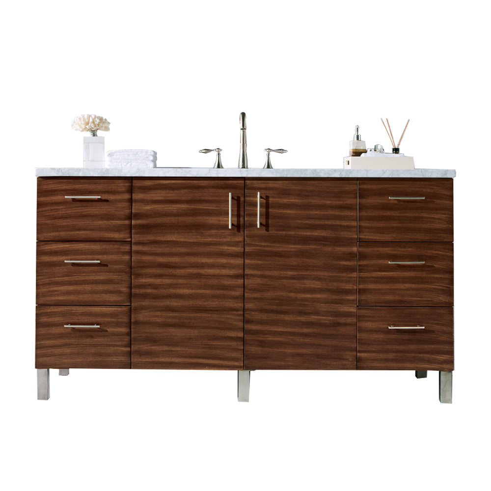 Metropolitan 60" Single Vanity, American Walnut w/ 3 CM Carrara Marble Top