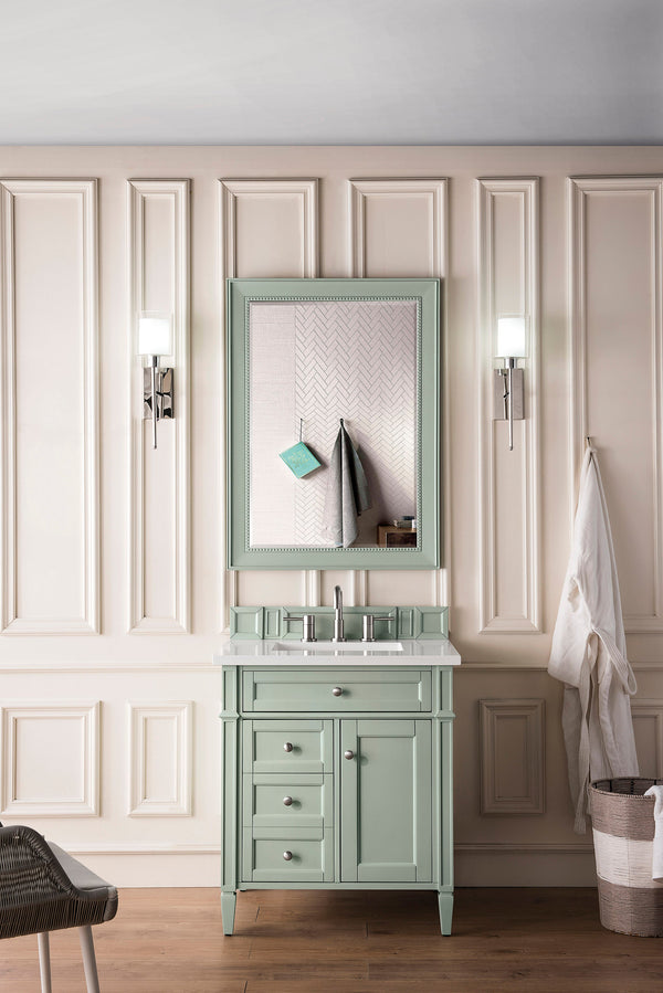 Brittany 30 Single Vanity, Sage Green, w/ 3 CM White Zeus Quartz Top