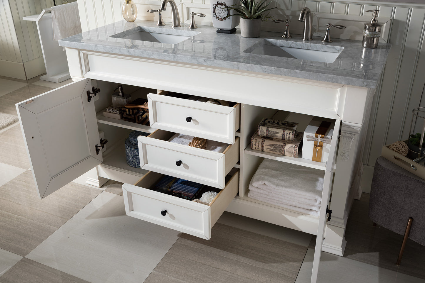 Brookfield 60" Double Vanity, Bright White w/ 3 CM Carrara Marble Top