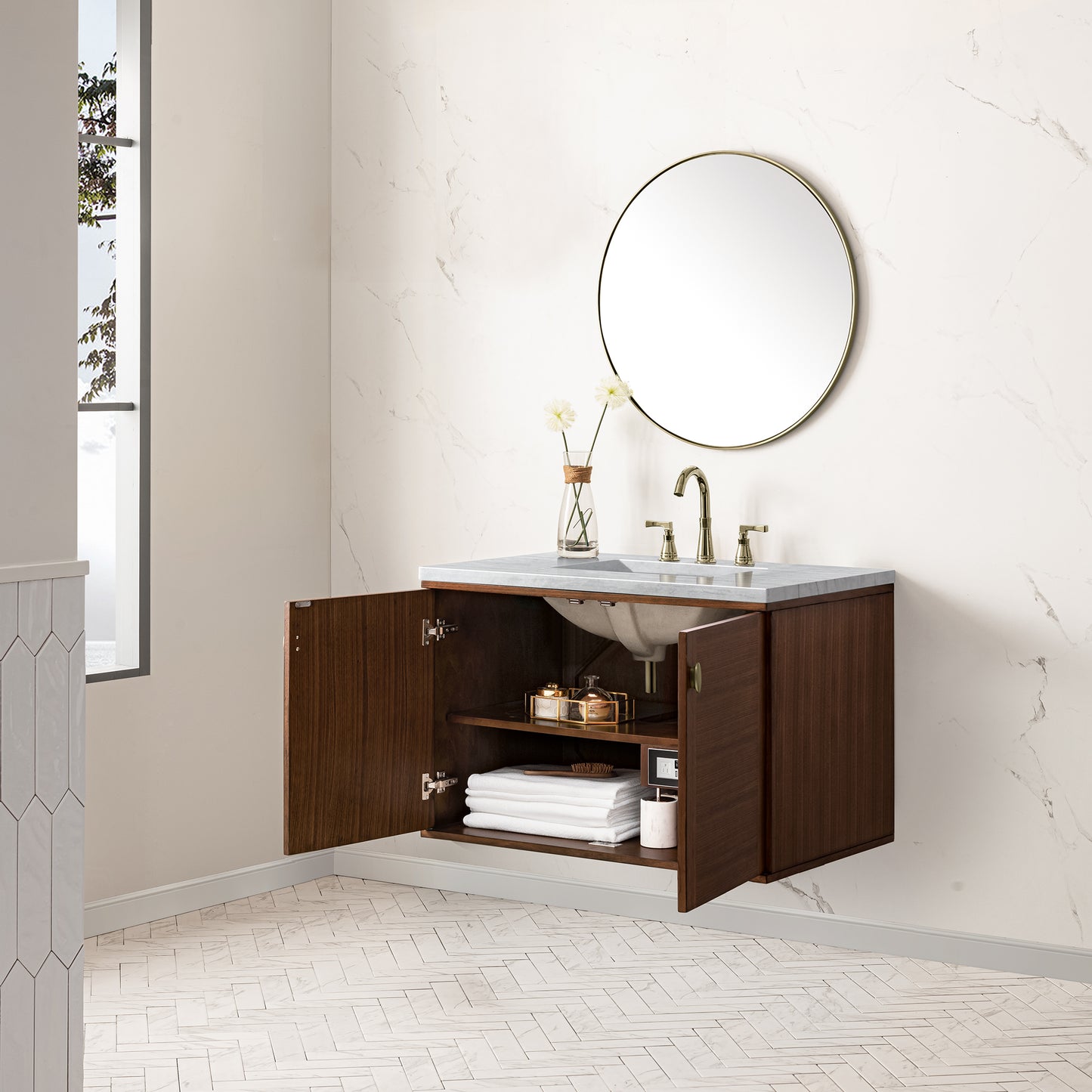 Amberly 36" Single Vanity, Mid-Century Walnut w/ 3 CM Arctic Fall Top