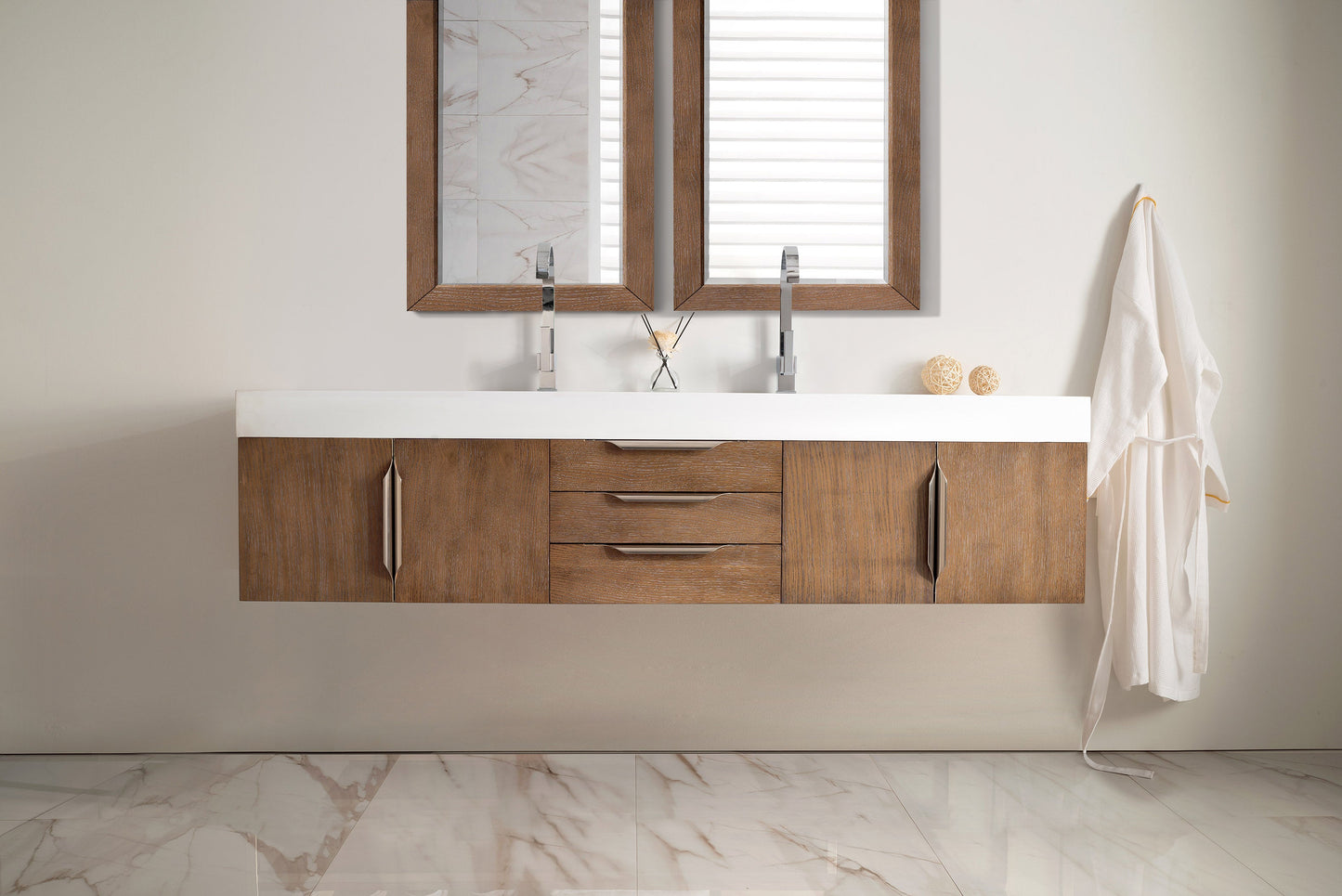 Mercer Island 72" Double Vanity,  Latte Oak w/ Glossy White Composite Stone Top