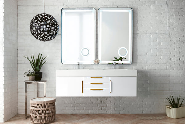 Mercer Island 59 Double Vanity, Glossy White, Radiant Gold w/ Glossy White Composite Stone Top