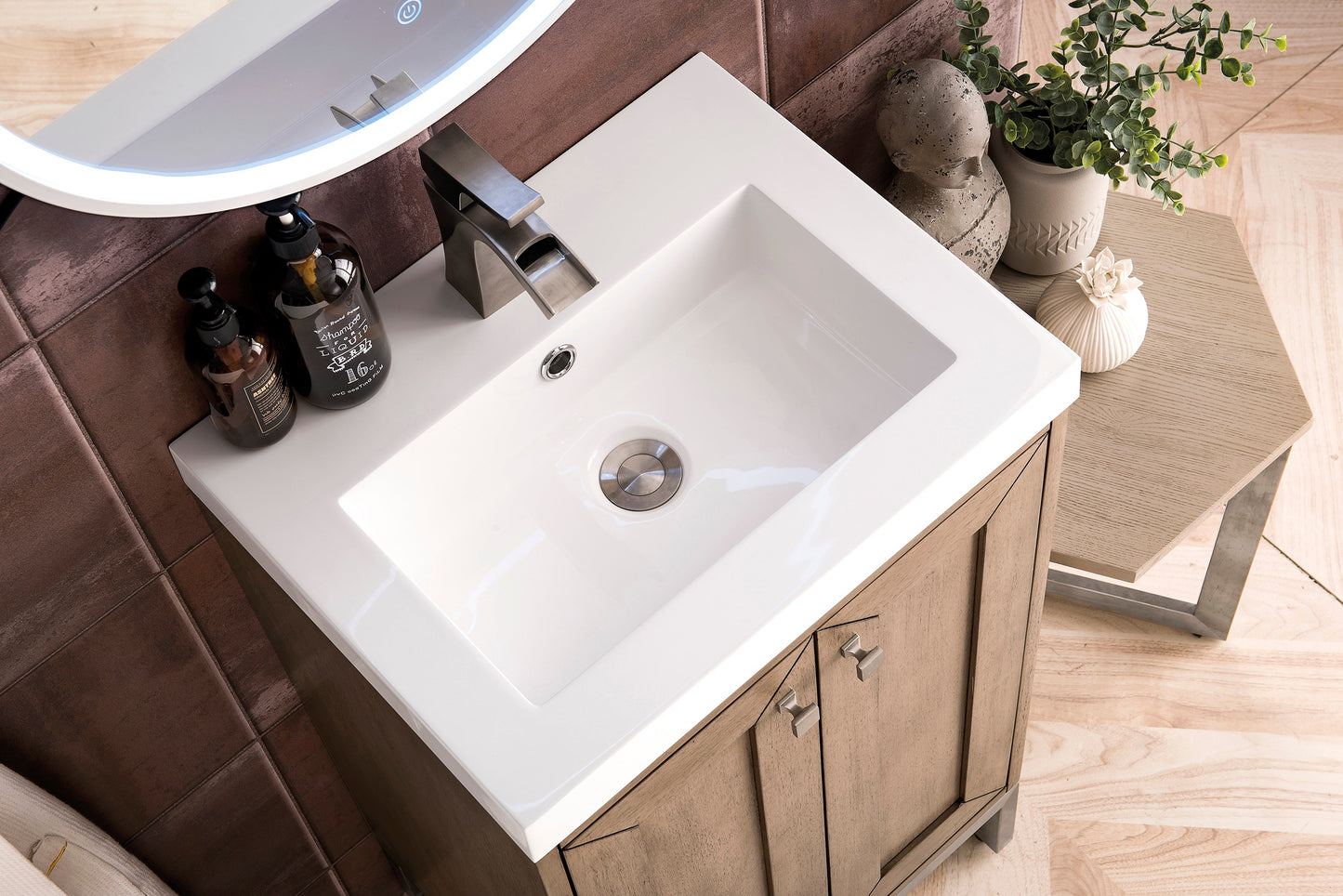 Chianti 20" Single Vanity, Whitewashed Walnut, Brushed Nickel, w/ White Glossy Composite Stone Top