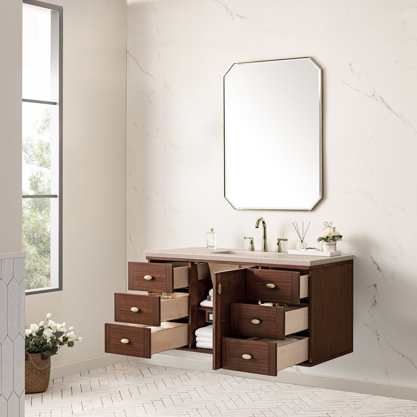 Amberly 48" Single Vanity, Mid-Century Walnut w/ 3 CM Eternal Marfil Top