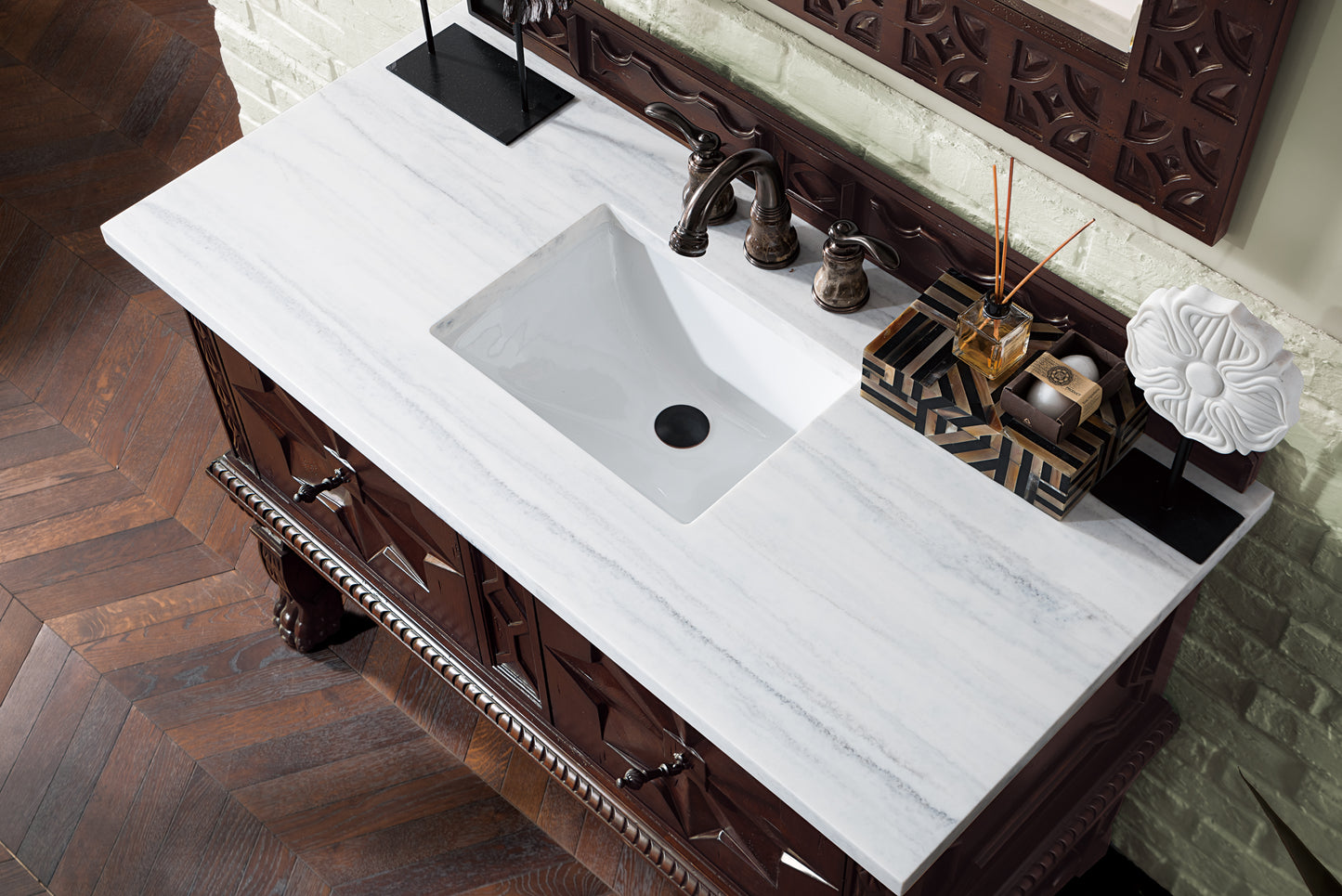 Balmoral 48" Single Vanity, Antique Walnut w/ 3 CM Arctic Fall Solid Surface Top