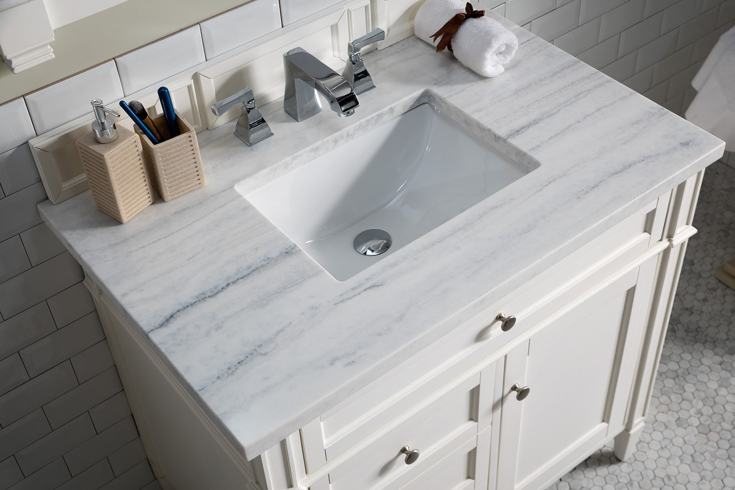 Brittany 36" Single Vanity, Bright White w/ 3 CM Arctic Fall Solid Surface Top