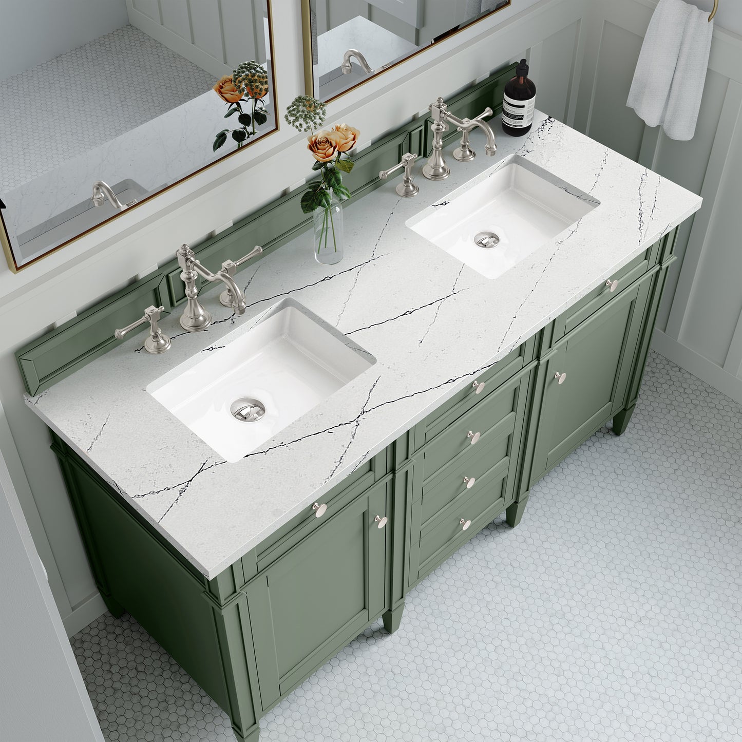 Brittany 60" Double Vanity, Smokey Celadon w/ 3 CM Ethereal Noctis Top