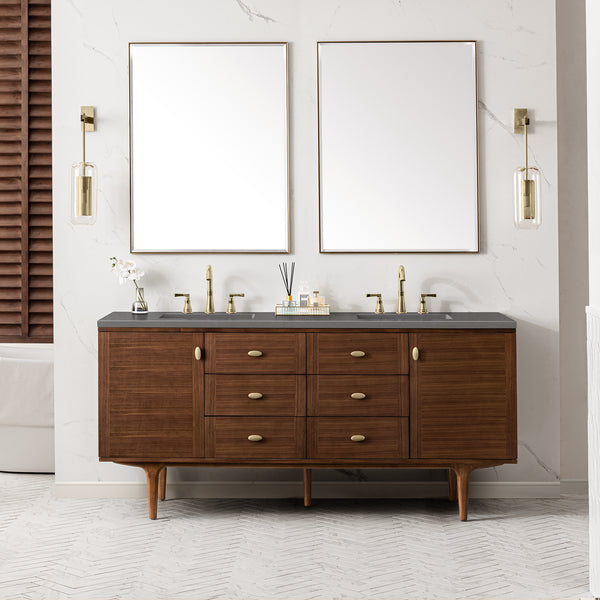 Amberly 72 Double Vanity, Mid-Century Walnut w/ 3 CM Grey Expo Top