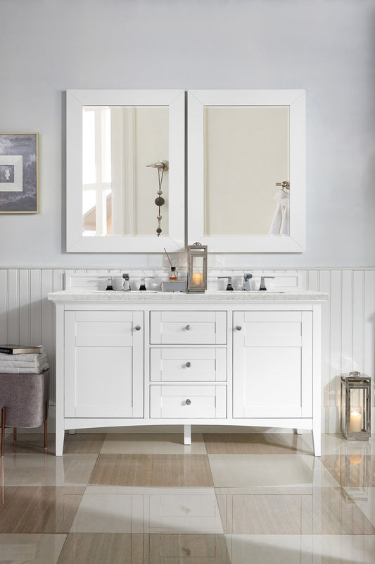 Palisades 60" Double Vanity, Bright White w/ 3 CM Eternal Jasmine Pearl Quartz Top