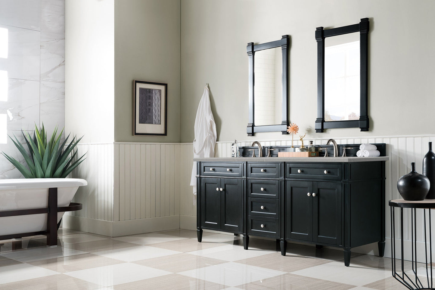 Brittany 72" Double Vanity, Black Onyx w/ 3 CM Eternal Serena Quartz Top