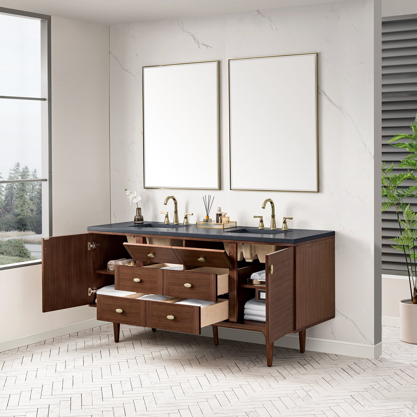 Amberly 72" Double Vanity, Mid-Century Walnut w/ 3 CM Charcoal Soapstone Top