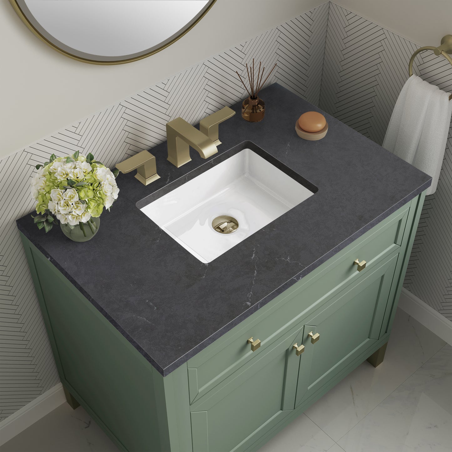 Chicago 36" Single Vanity, Smokey Celadon w/ 3 CM Charcoal Soapstone Top